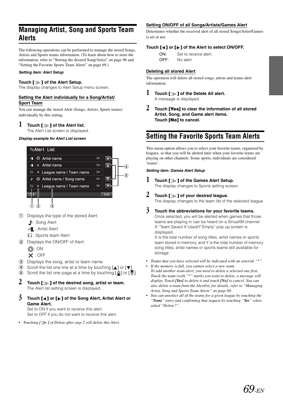 Managing artist, song and sports team alerts, Setting the favorite sports team alerts, Managing artist, song and sports | Team alerts | Alpine INA-W910 User Manual | Page 69 / 131