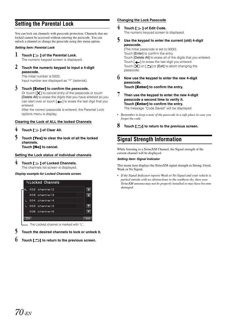 Setting the parental lock, Signal strength information | Alpine INA-W910 User Manual | Page 70 / 131