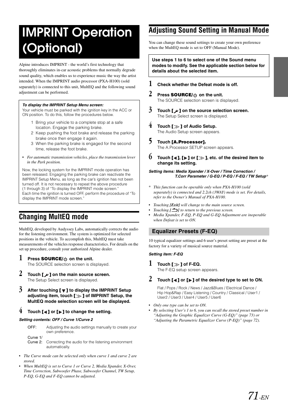 Imprint operation (optional), Changing multeq mode, Adjusting sound setting in manual mode | Equalizer presets (f-eq), T “changing | Alpine INA-W910 User Manual | Page 71 / 131