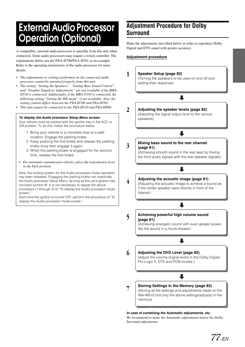 External audio processor operation (optional), Adjustment procedure for dolby surround, External audio processor operation | Optional), Adjustment procedure for, Dolby surround | Alpine INA-W910 User Manual | Page 77 / 131