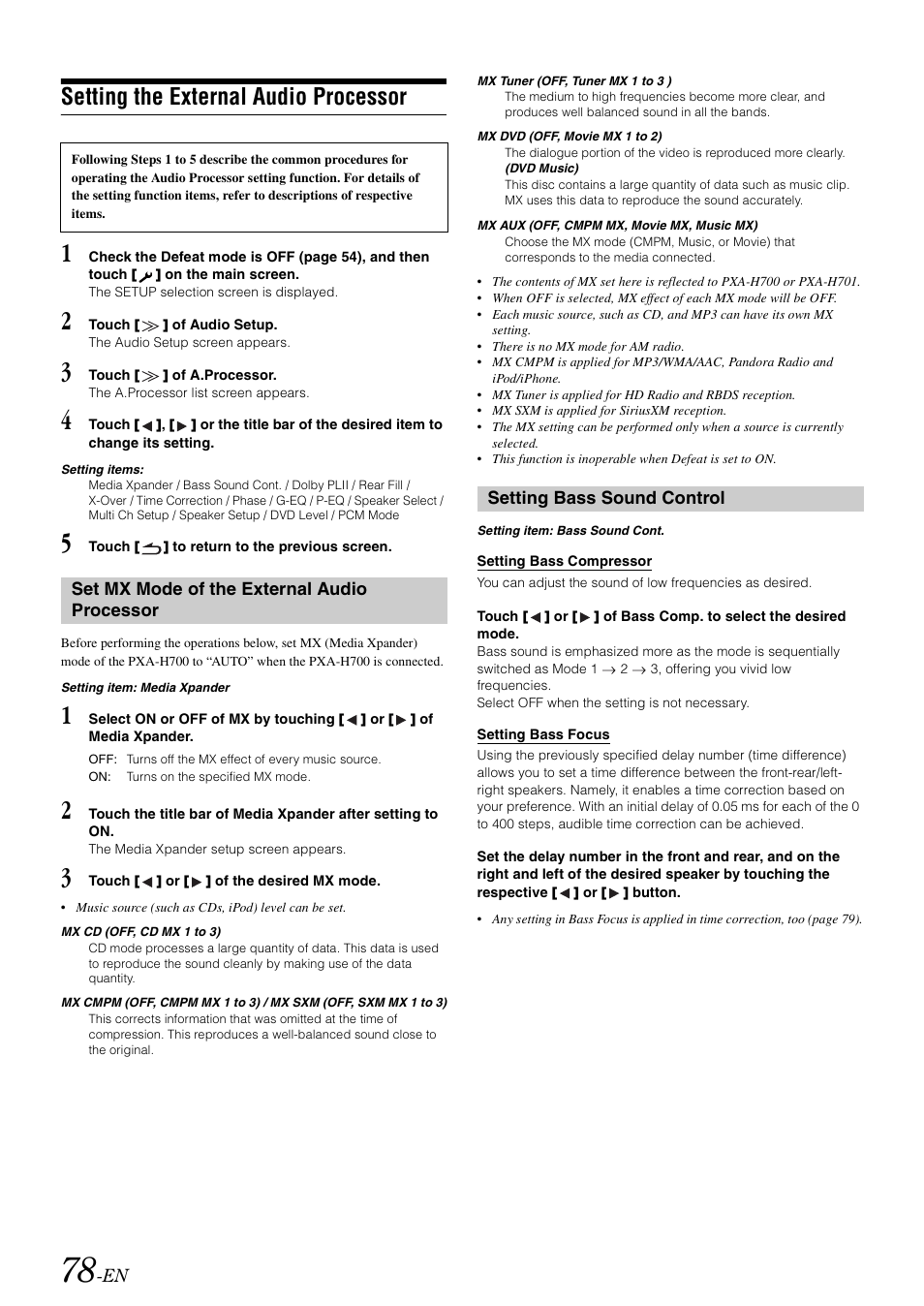 Setting the external audio processor, Set mx mode of the external audio processor, Setting bass sound control | Set mx mode of the external audio, Processor | Alpine INA-W910 User Manual | Page 78 / 131