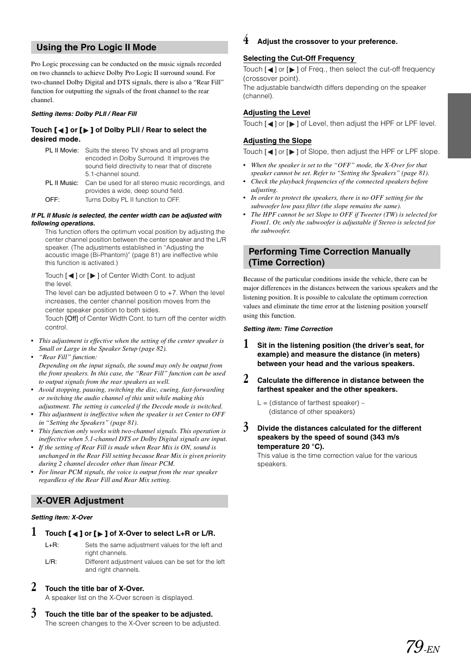 Using the pro logic ii mode, X-over adjustment, Time correction) | Alpine INA-W910 User Manual | Page 79 / 131
