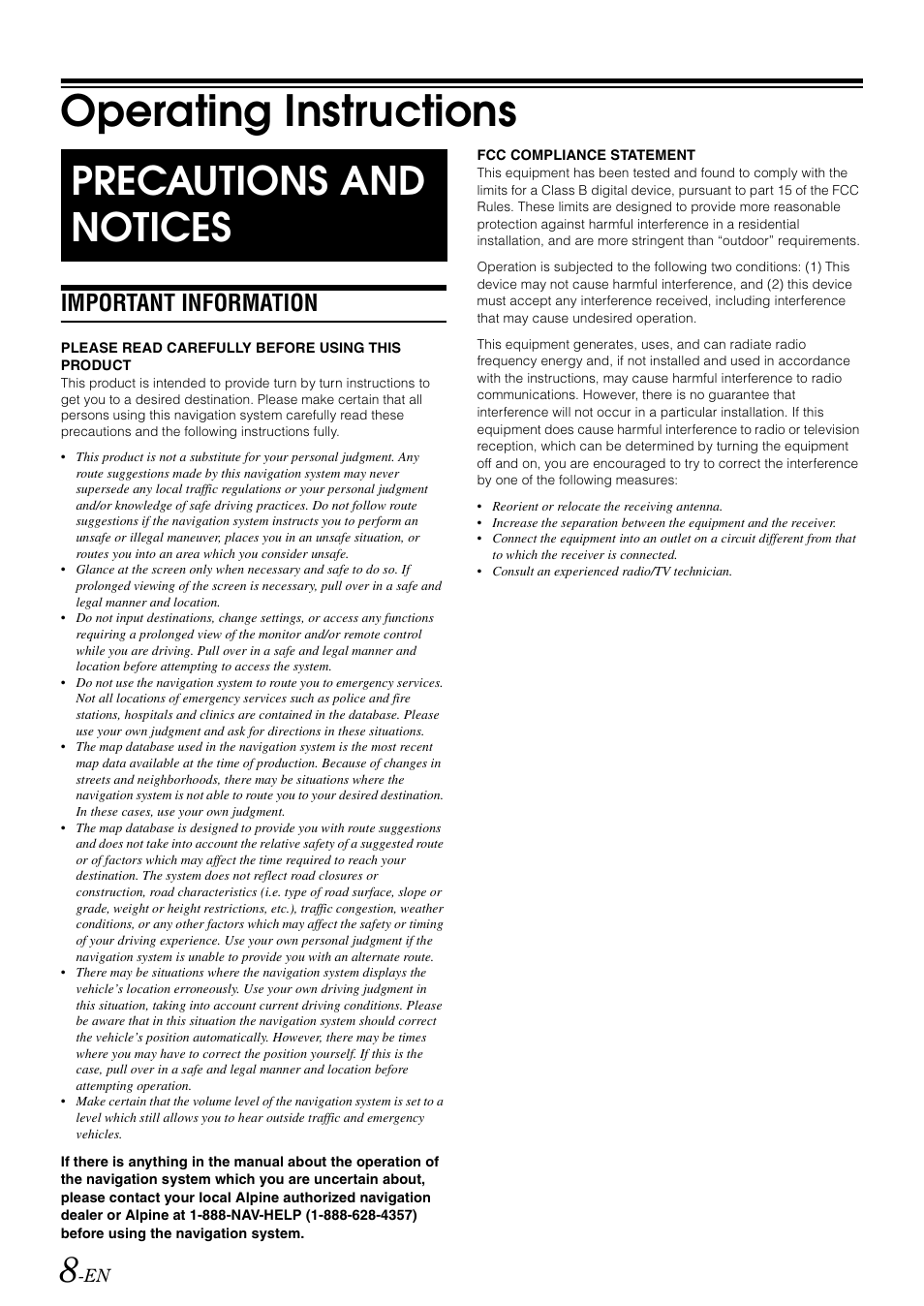 Operating instructions, Precautions and notices, Important information | Alpine INA-W910 User Manual | Page 8 / 131