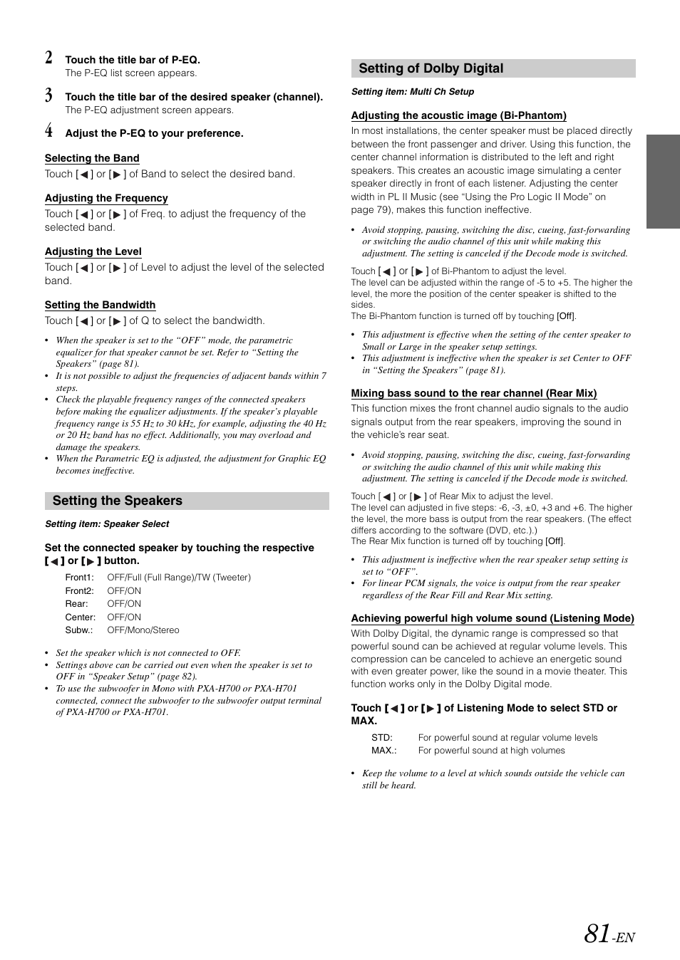 Setting the speakers, Setting of dolby digital, Setting the speakers setting of dolby digital | Alpine INA-W910 User Manual | Page 81 / 131