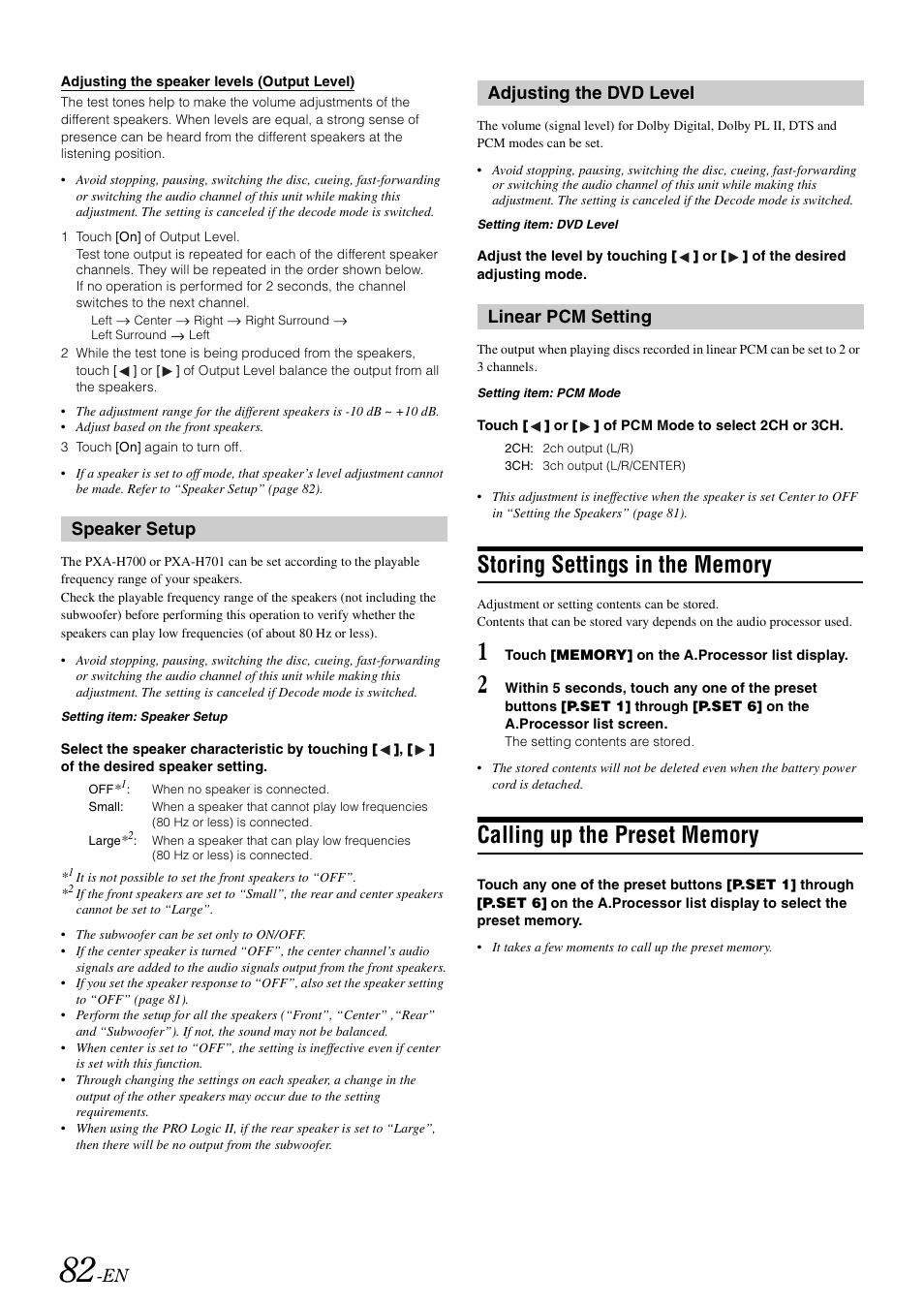 Speaker setup, Adjusting the dvd level, Linear pcm setting | Storing settings in the memory, Calling up the preset memory, Adjusting the dvd level linear pcm setting | Alpine INA-W910 User Manual | Page 82 / 131
