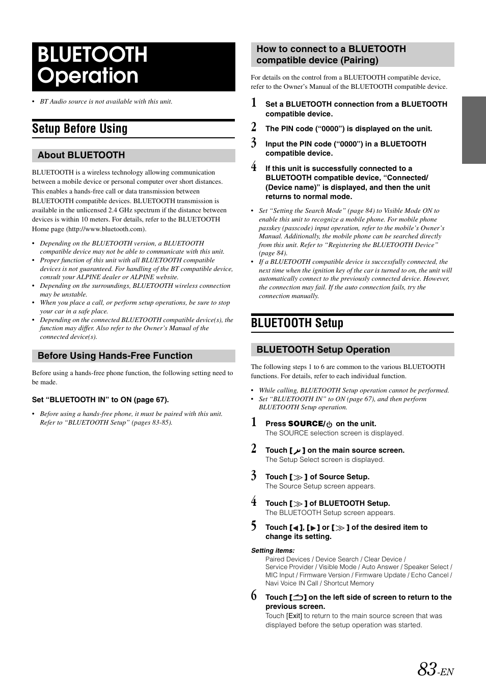 Bluetooth operation, Setup before using, About bluetooth | Before using hands-free function, Bluetooth setup, Bluetooth setup operation, Compatible device (pairing) | Alpine INA-W910 User Manual | Page 83 / 131