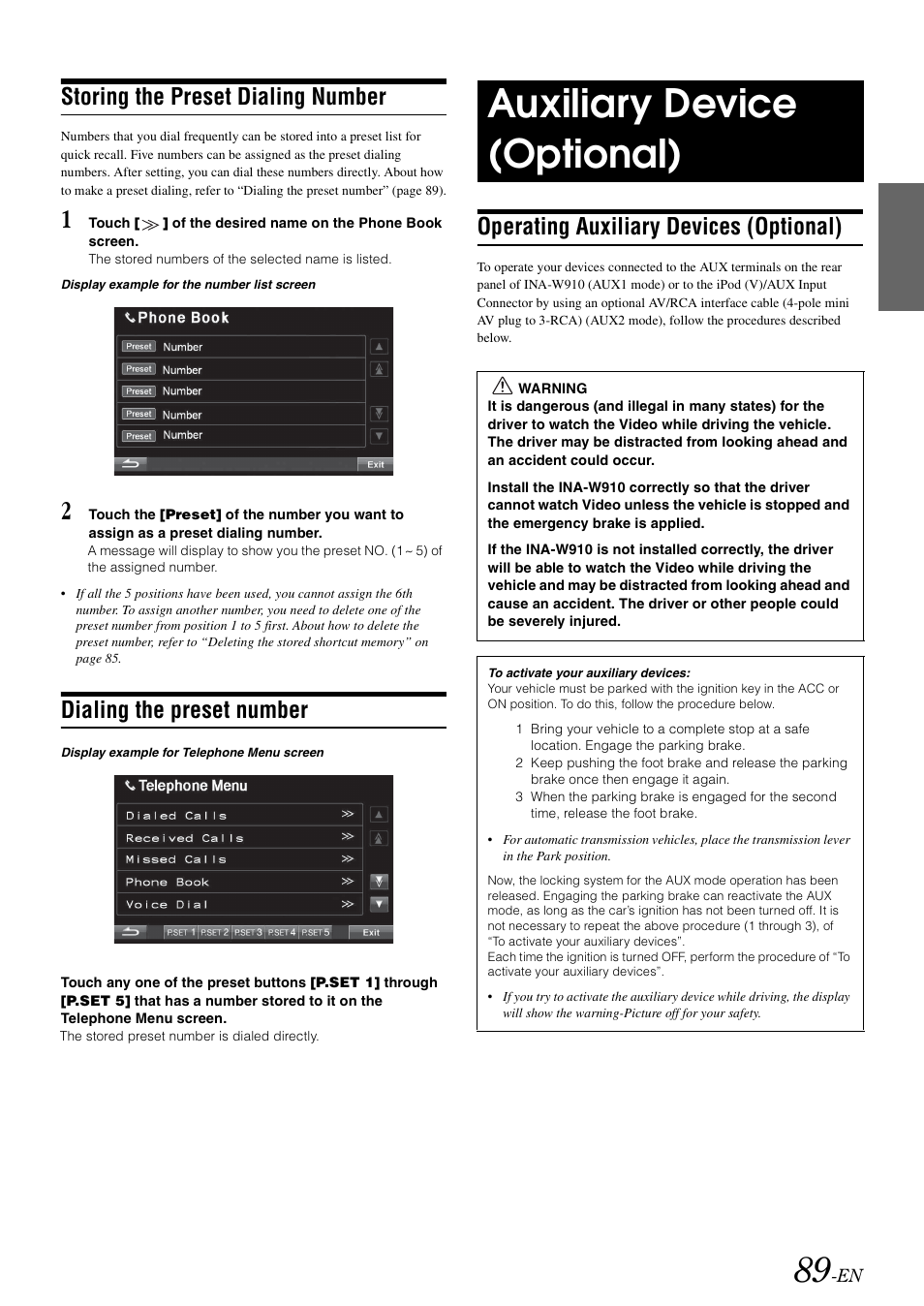 Storing the preset dialing number, Dialing the preset number, Auxiliary device (optional) | Operating auxiliary devices (optional) | Alpine INA-W910 User Manual | Page 89 / 131