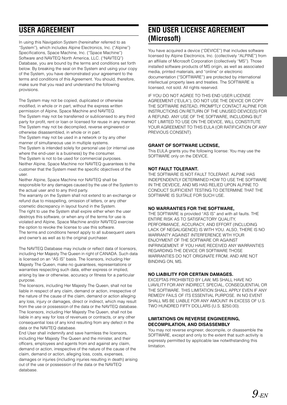 User agreement, End user license agreement (microsoft), End user license agreement | Microsoft) | Alpine INA-W910 User Manual | Page 9 / 131