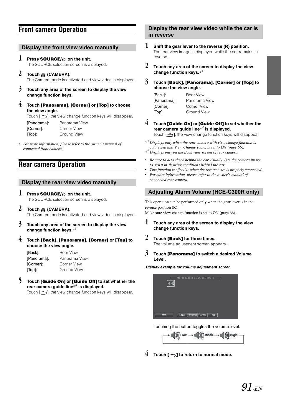 Front camera operation, Display the front view video manually, Rear camera operation | Display the rear view video manually, Adjusting alarm volume (hce-c300r only), The car is in reverse, Adjusting alarm volume, Hce-c300r only) | Alpine INA-W910 User Manual | Page 91 / 131
