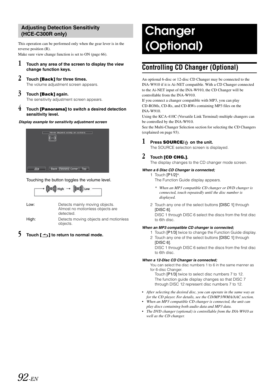 Adjusting detection sensitivity (hce-c300r only), Changer (optional), Controlling cd changer (optional) | Adjusting detection sensitivity, Hce-c300r only) | Alpine INA-W910 User Manual | Page 92 / 131