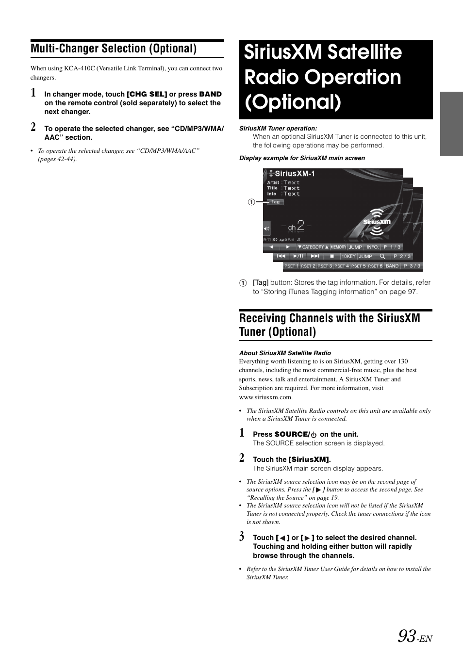Multi-changer selection (optional), Siriusxm satellite radio operation (optional), Siriusxm satellite radio operation | Optional), Receiving channels with the siriusxm tuner | Alpine INA-W910 User Manual | Page 93 / 131