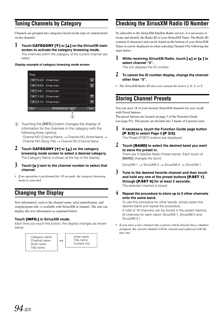 Tuning channels by category, Changing the display, Checking the siriusxm radio id number | Storing channel presets, Checking the siriusxm radio, Id number | Alpine INA-W910 User Manual | Page 94 / 131