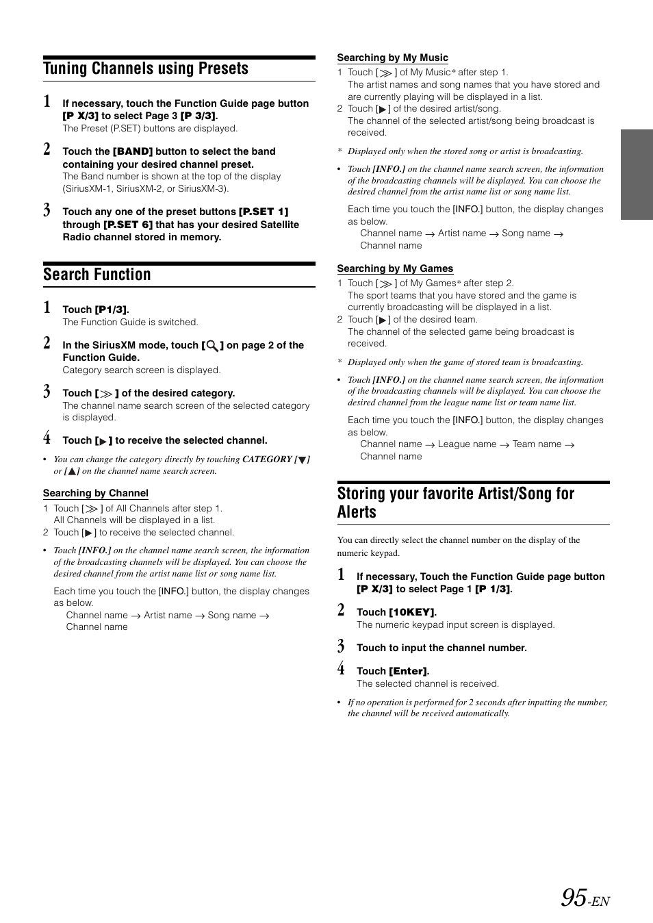 Tuning channels using presets, Search function, Storing your favorite artist/song for alerts | Storing your favorite artist, Song for alerts | Alpine INA-W910 User Manual | Page 95 / 131