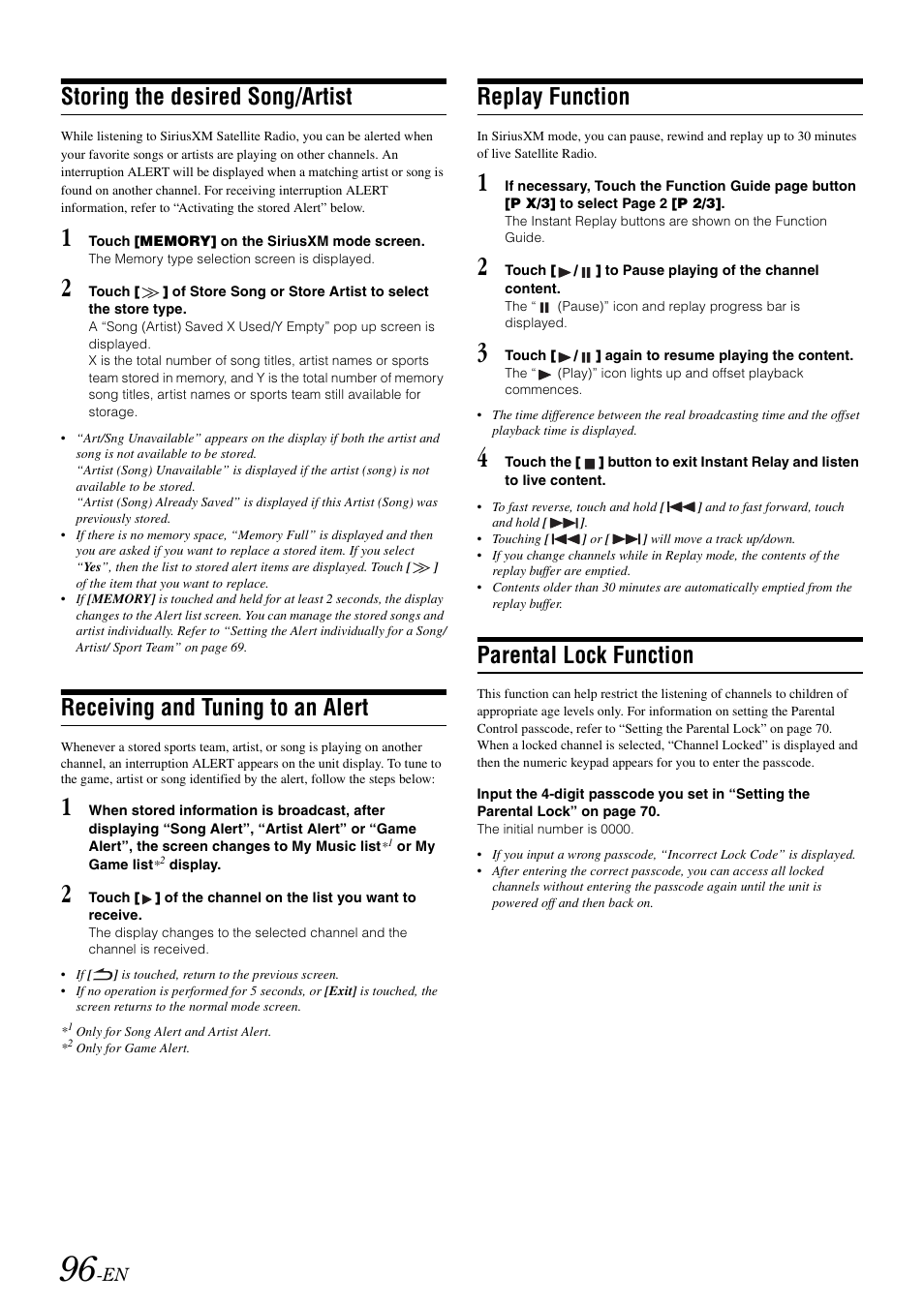 Storing the desired song/artist, Receiving and tuning to an alert, Replay function | Parental lock function | Alpine INA-W910 User Manual | Page 96 / 131
