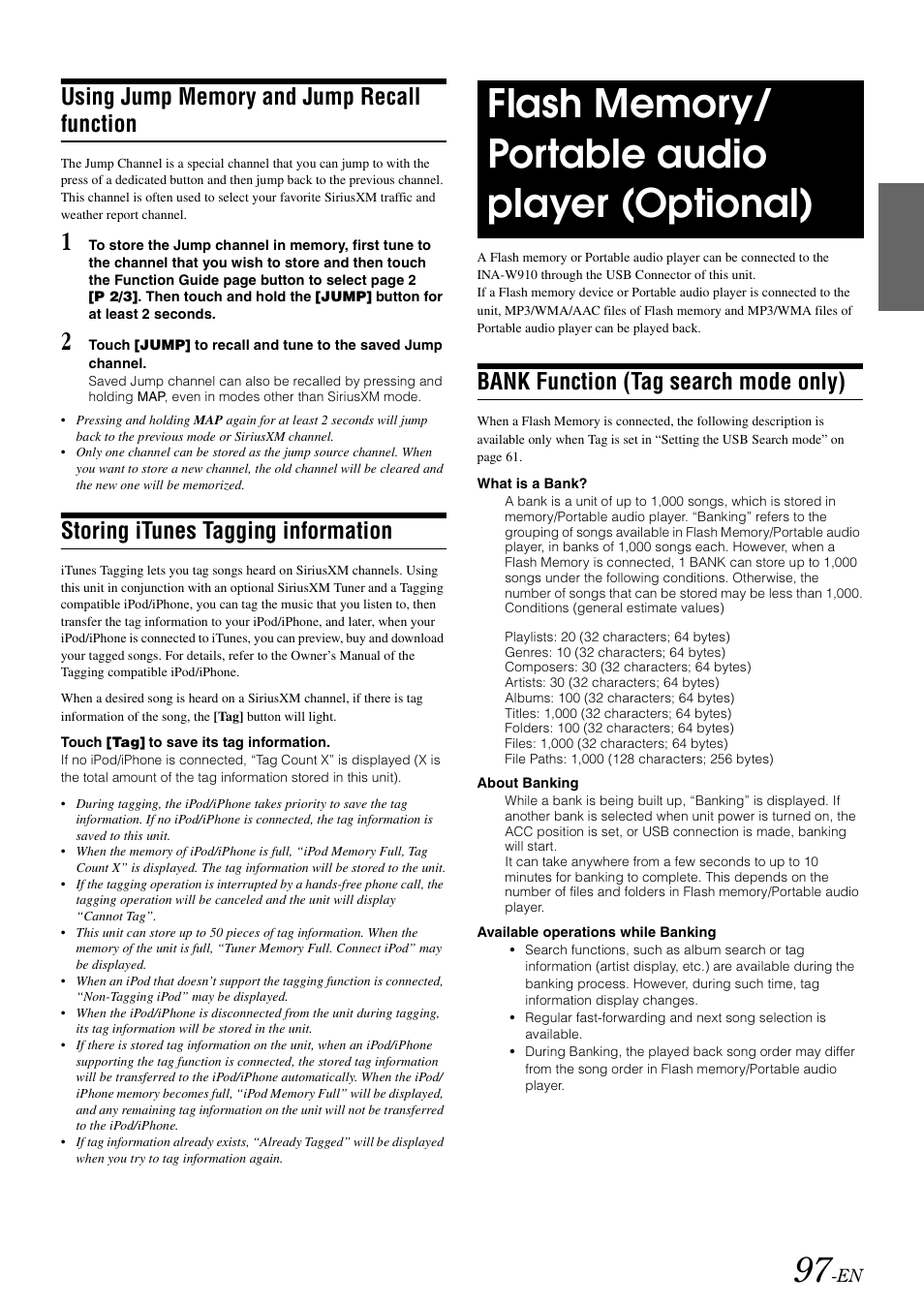 Using jump memory and jump recall function, Storing itunes tagging information, Flash memory/portable audio player (optional) | Bank function (tag search mode only), Using jump memory and jump, Recall function, Flash memory/portable audio player, Optional) | Alpine INA-W910 User Manual | Page 97 / 131