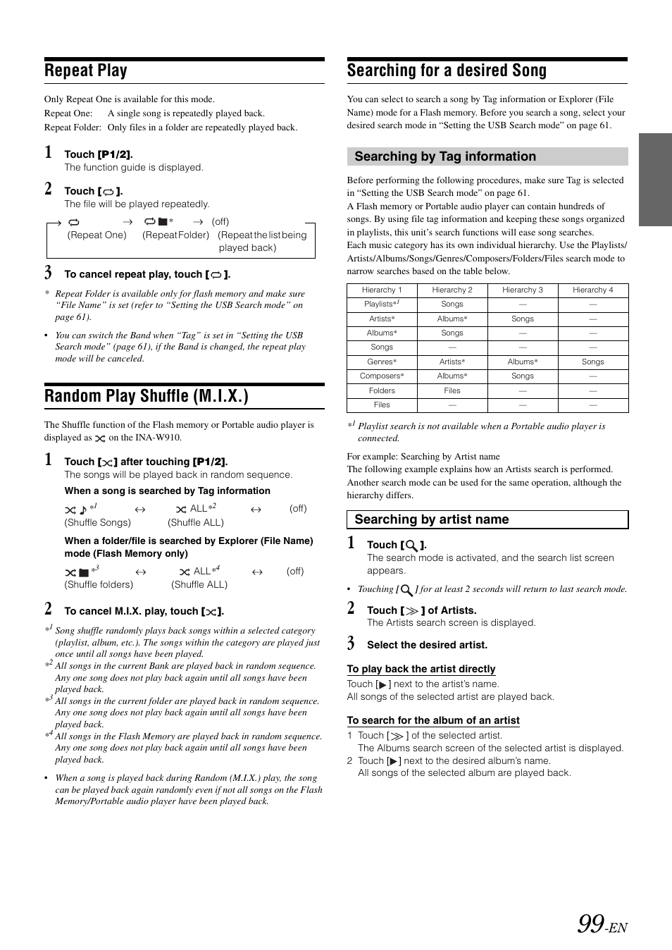 Repeat play, Random play shuffle (m.i.x.), Searching for a desired song | Searching by tag information, Searching by artist name | Alpine INA-W910 User Manual | Page 99 / 131