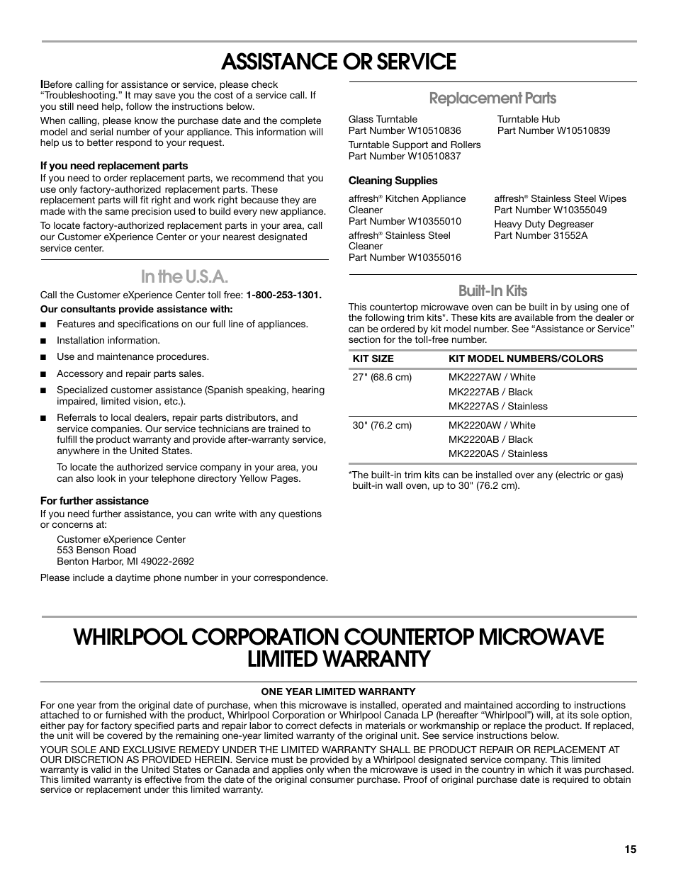 Whirlpool UMC5225DS User Manual | 2 pages