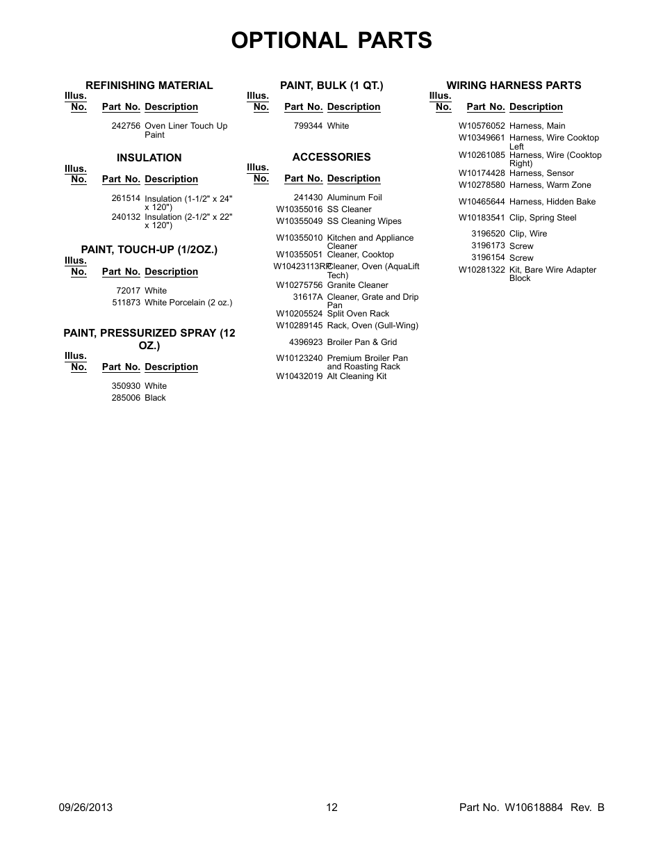 Optional, Optional parts | Whirlpool WFE525C0BS User Manual | Page 12 / 12