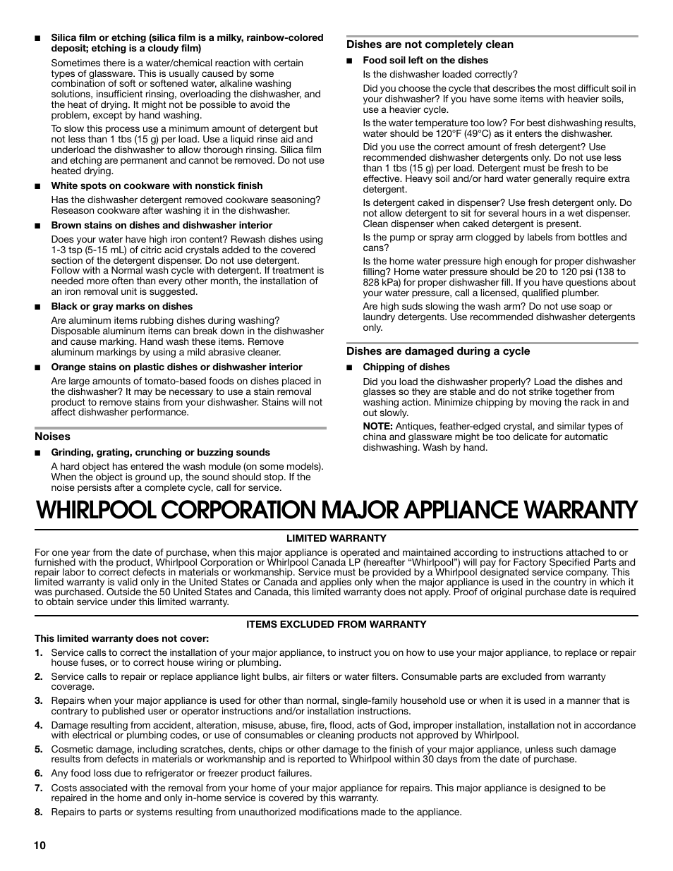Whirlpool corporation major appliance warranty | Whirlpool WDP350PAAB User Manual | Page 10 / 35