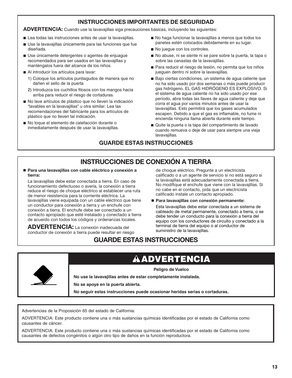 Advertencia, Instrucciones importantes de seguridad, Guarde estas instrucciones | Whirlpool WDP350PAAB User Manual | Page 13 / 35