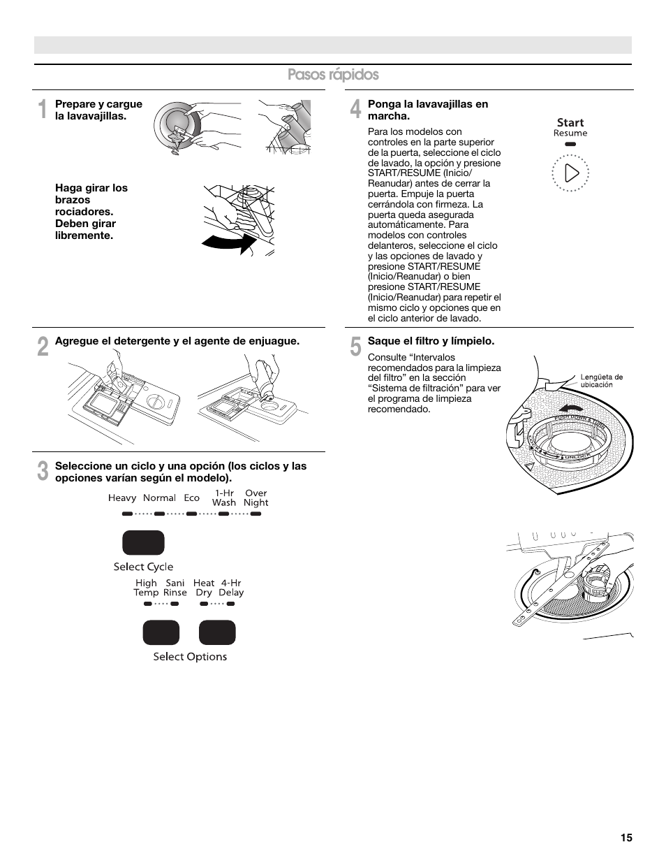 Pasos rápidos | Whirlpool WDP350PAAB User Manual | Page 15 / 35