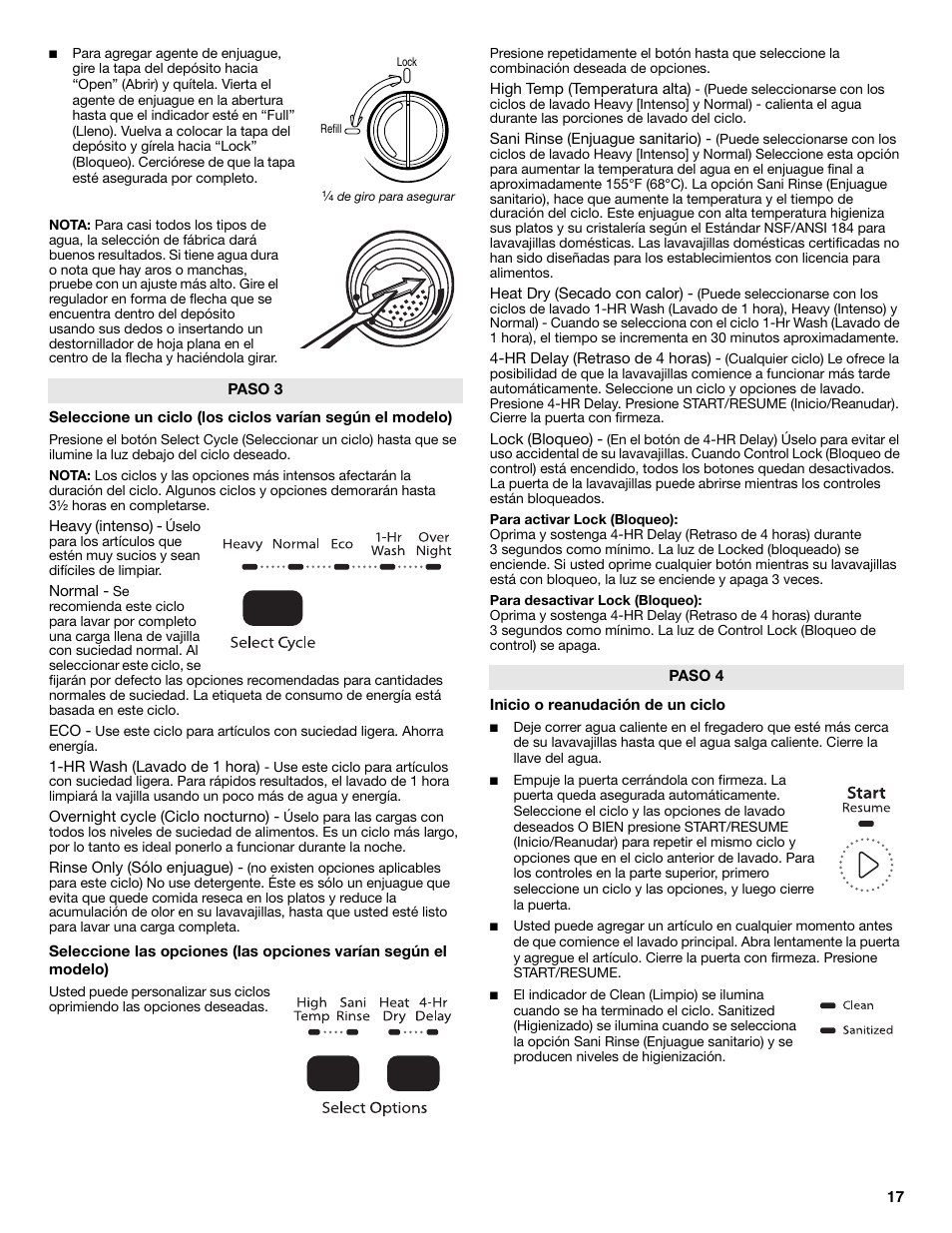 Heavy (intenso), Normal, Hr wash (lavado de 1 hora) | Overnight cycle (ciclo nocturno), Rinse only (sólo enjuague), High temp (temperatura alta), Sani rinse (enjuague sanitario), Heat dry (secado con calor), Hr delay (retraso de 4 horas), Lock (bloqueo) | Whirlpool WDP350PAAB User Manual | Page 17 / 35