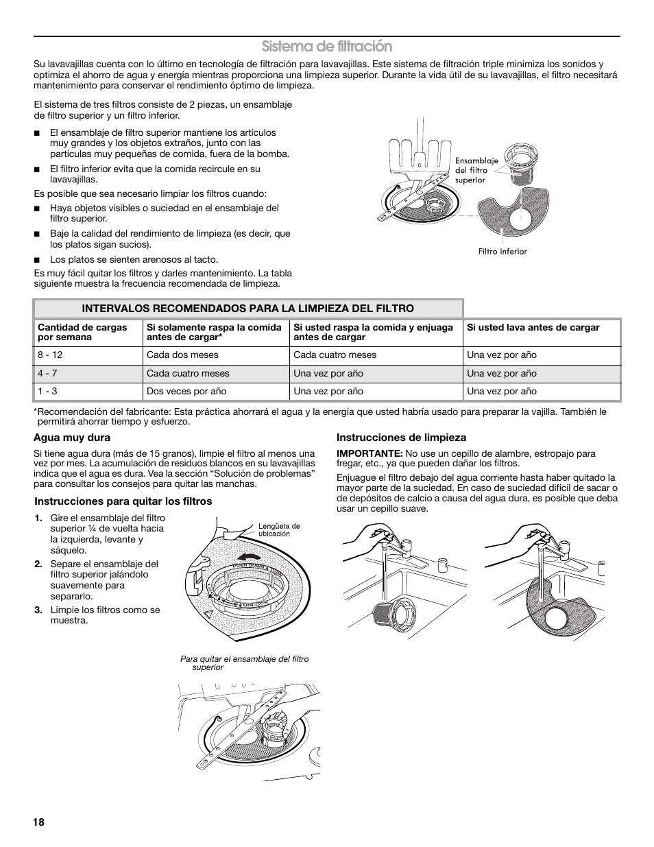 Sistema de filtración, Agua muy dura, Instrucciones de limpieza | Instrucciones para quitar los filtros | Whirlpool WDP350PAAB User Manual | Page 18 / 35