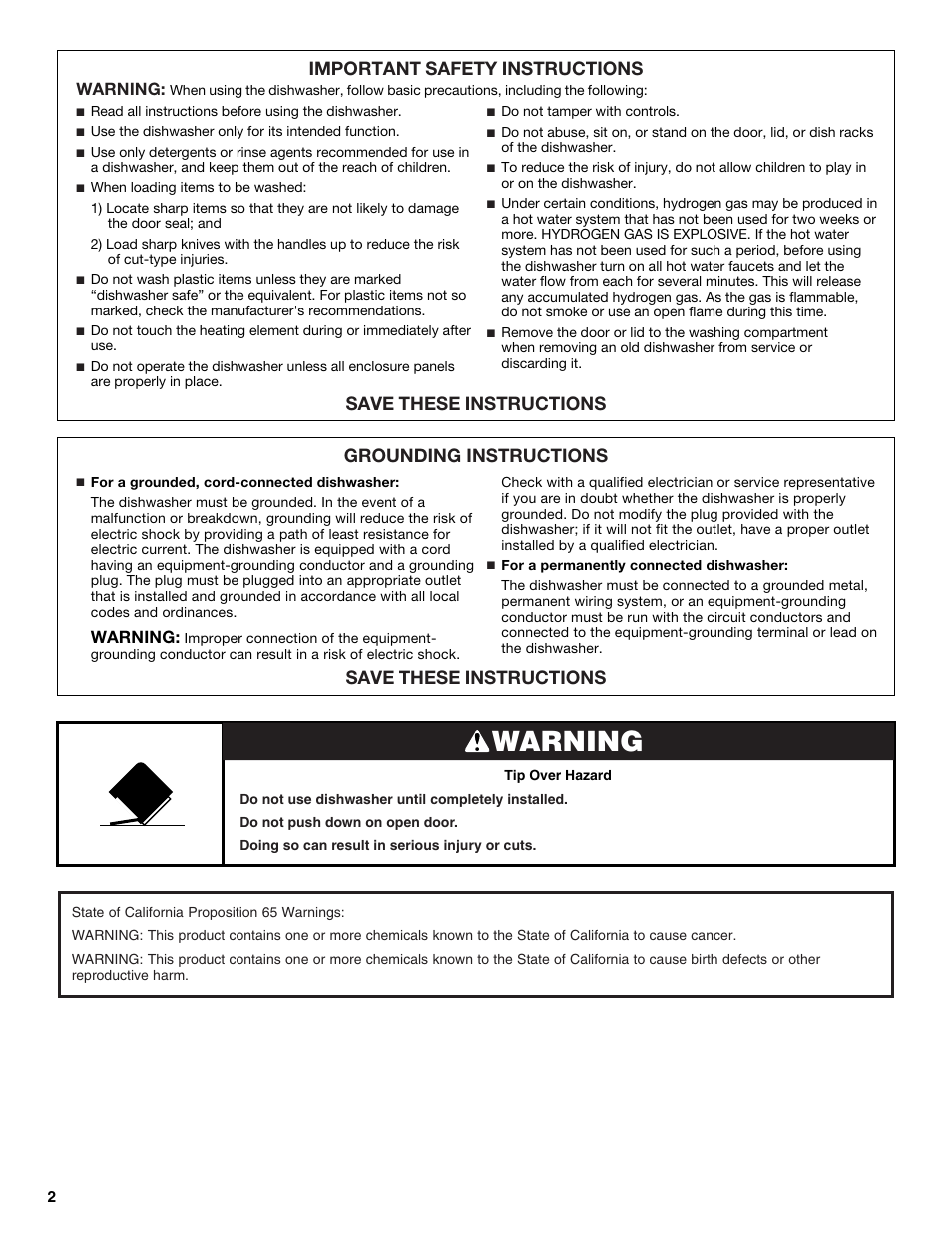 Warning, Important safety instructions, Save these instructions | Grounding instructions save these instructions | Whirlpool WDP350PAAB User Manual | Page 2 / 35