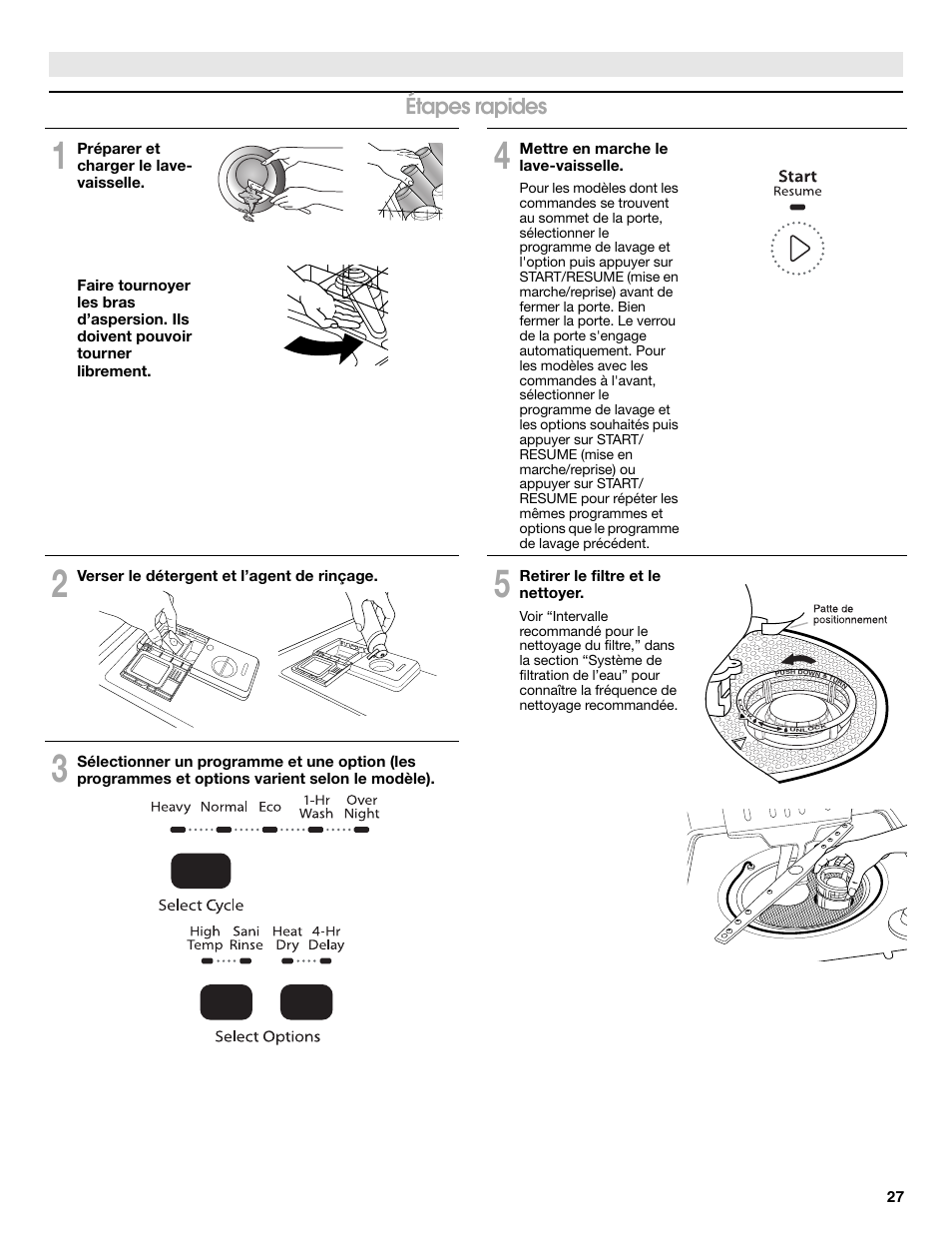 Étapes rapides | Whirlpool WDP350PAAB User Manual | Page 27 / 35