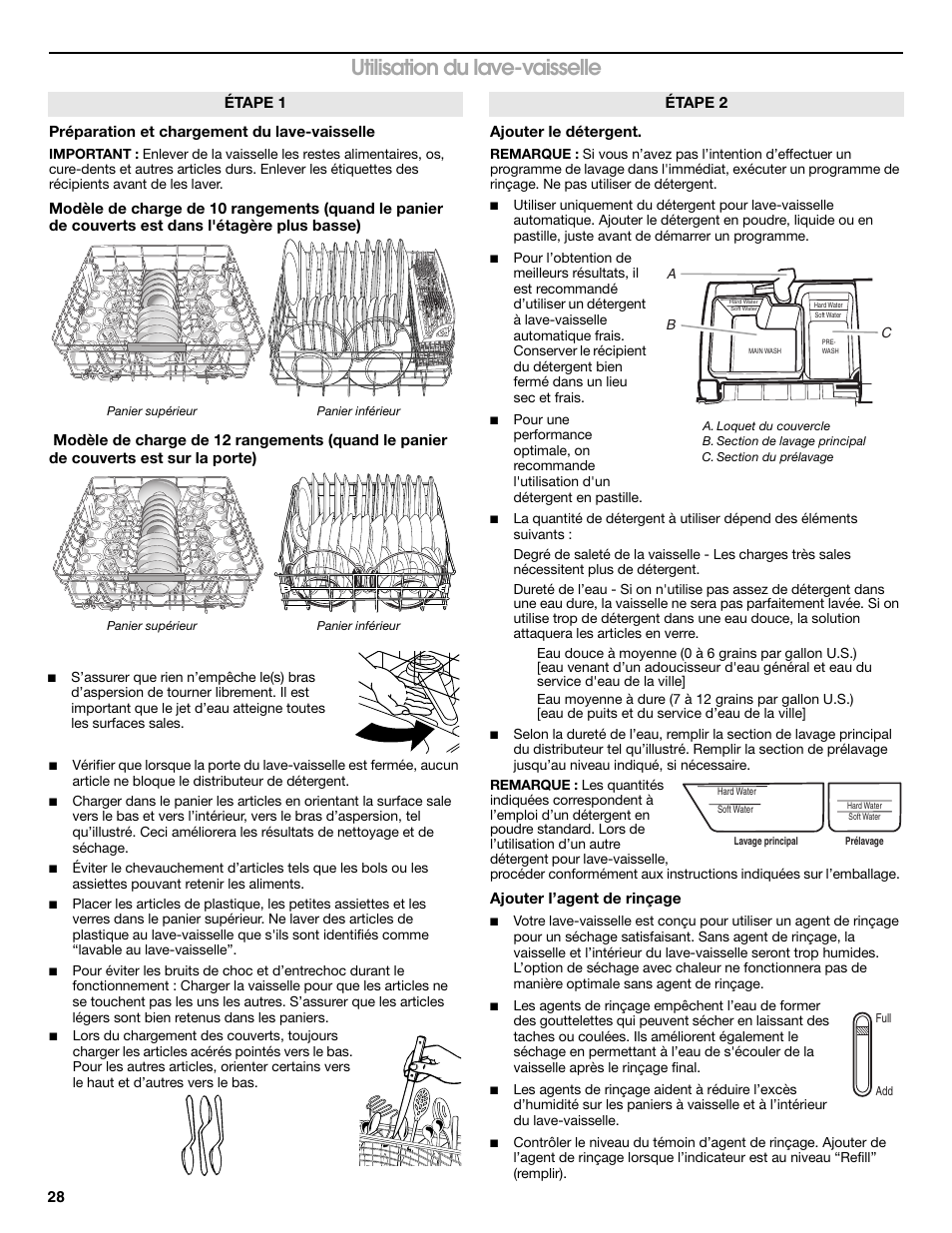 Utilisation du lave-vaisselle | Whirlpool WDP350PAAB User Manual | Page 28 / 35