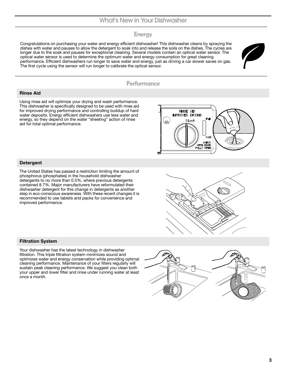 Energy performance, What’s new in your dishwasher, Rinse aid | Detergent, Filtration system | Whirlpool WDP350PAAB User Manual | Page 3 / 35