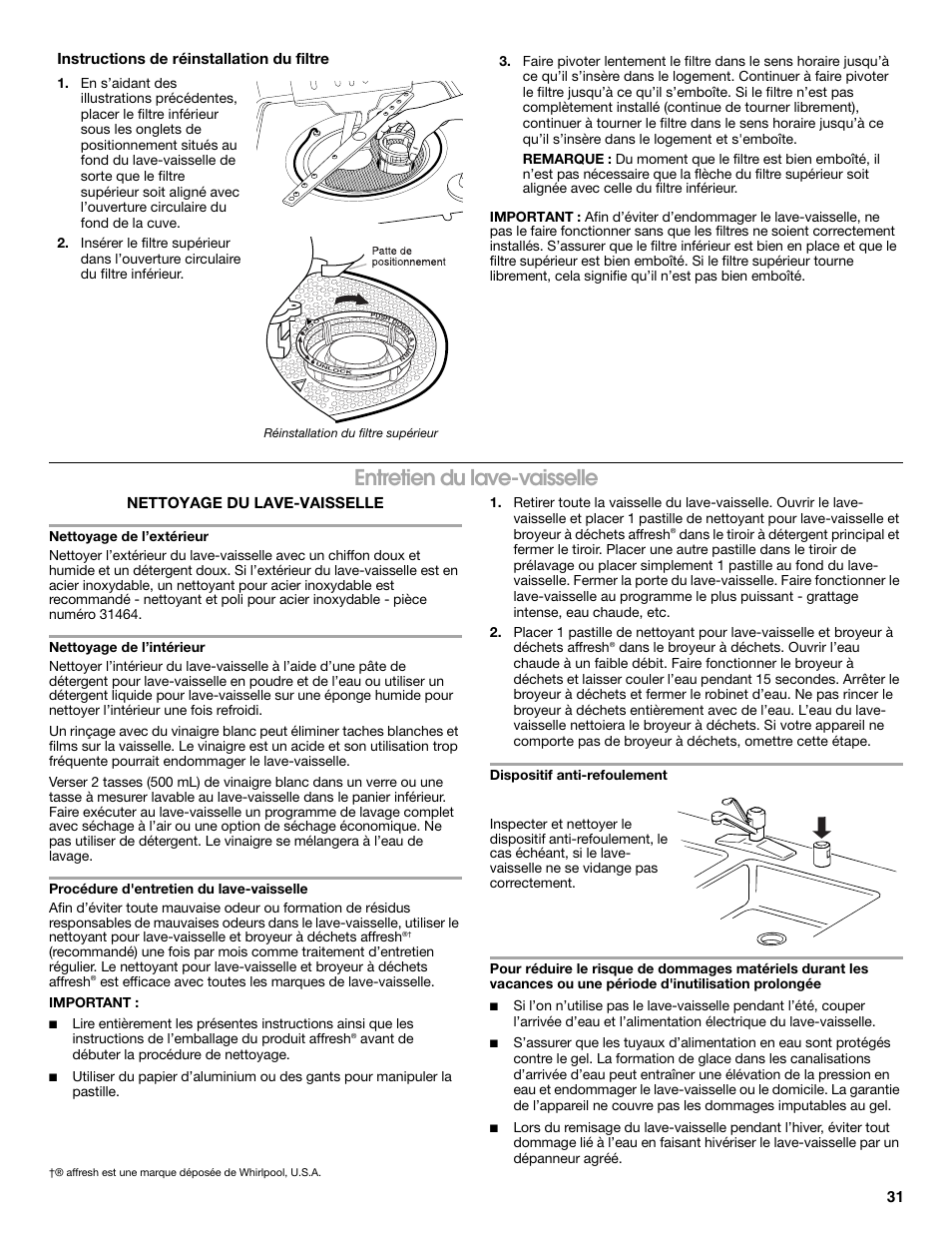 Entretien du lave-vaisselle, Nettoyage du lave-vaisselle, Instructions de réinstallation du filtre | Whirlpool WDP350PAAB User Manual | Page 31 / 35