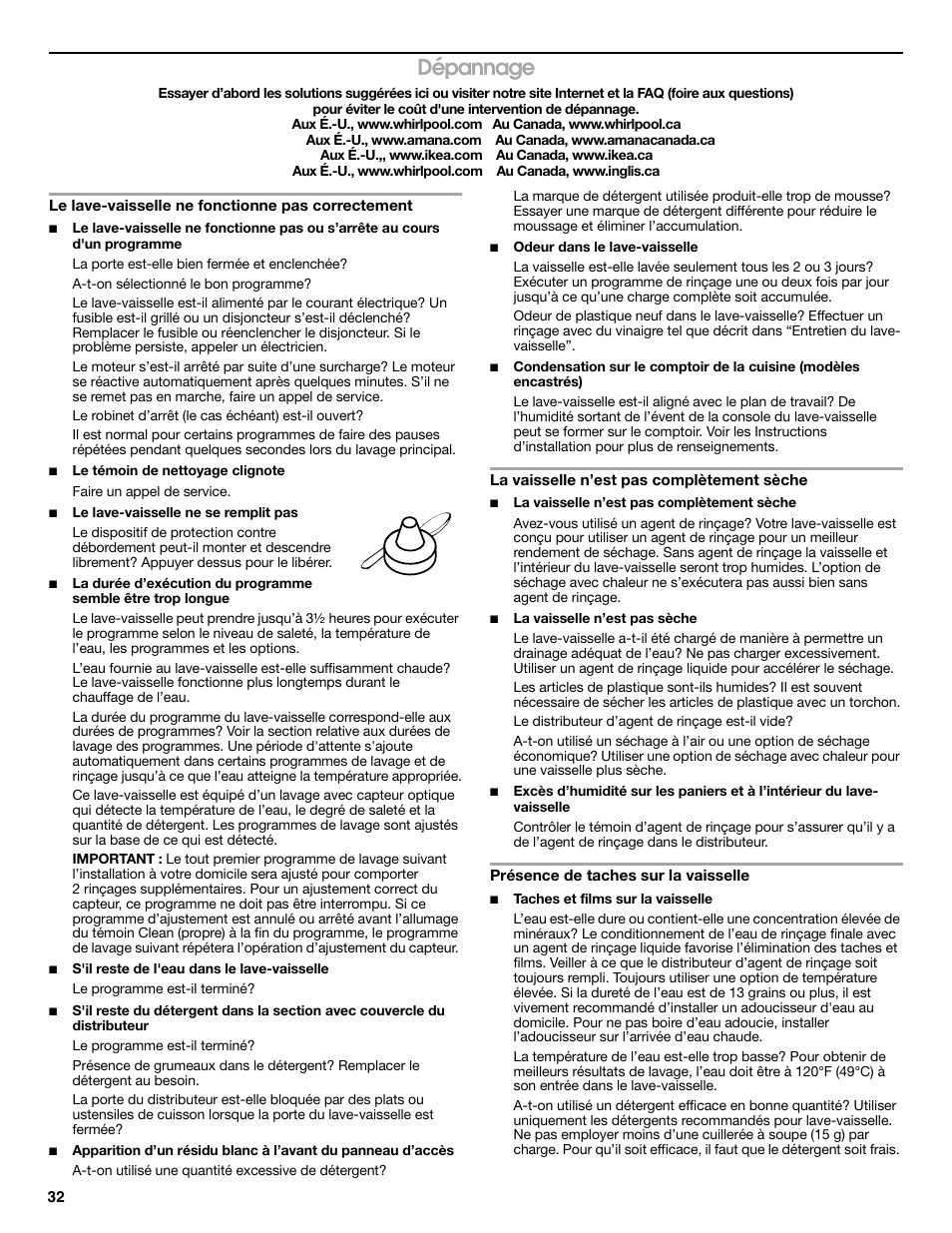 Dépannage | Whirlpool WDP350PAAB User Manual | Page 32 / 35