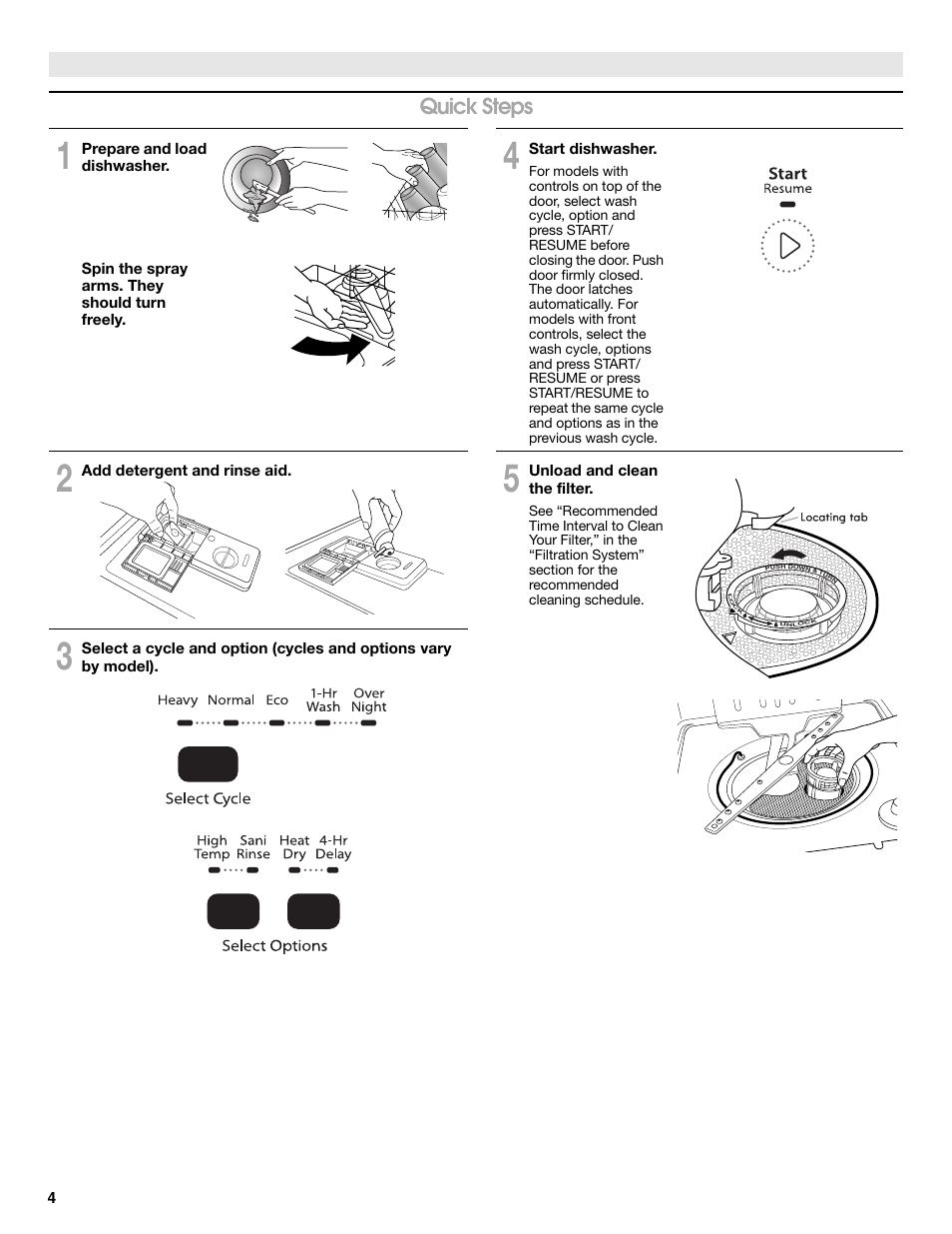 Quick steps | Whirlpool WDP350PAAB User Manual | Page 4 / 35