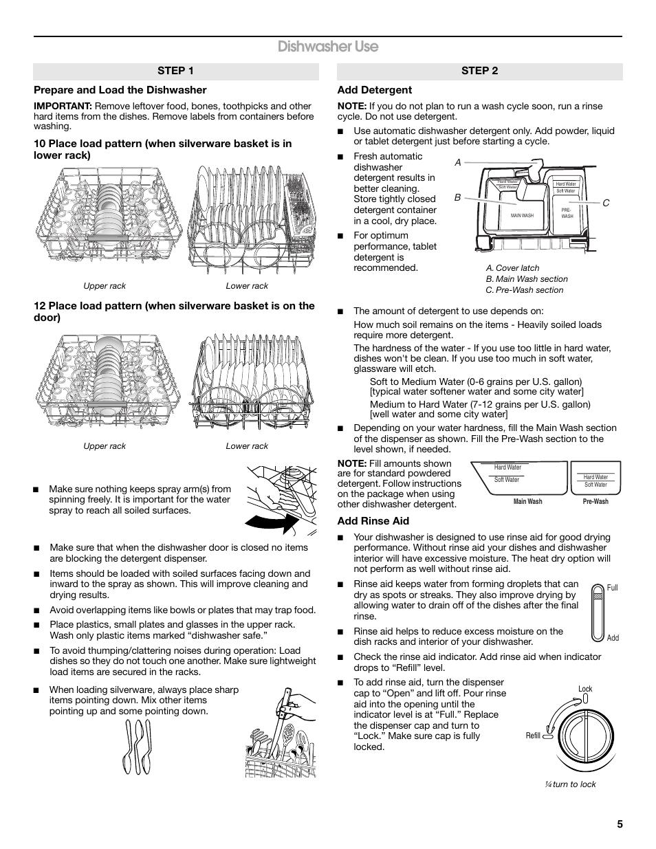 Dishwasher use, Prepare and load the dishwasher, Add detergent | Add rinse aid, Step 1, Step 2 | Whirlpool WDP350PAAB User Manual | Page 5 / 35