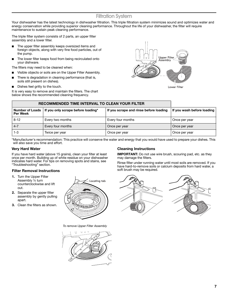 Filtration system, Very hard water, Cleaning instructions | Recommended time interval to clean your filter, Filter removal instructions | Whirlpool WDP350PAAB User Manual | Page 7 / 35