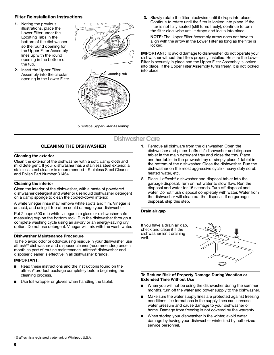 Dishwasher care, Cleaning the dishwasher, Filter reinstallation instructions | Whirlpool WDP350PAAB User Manual | Page 8 / 35