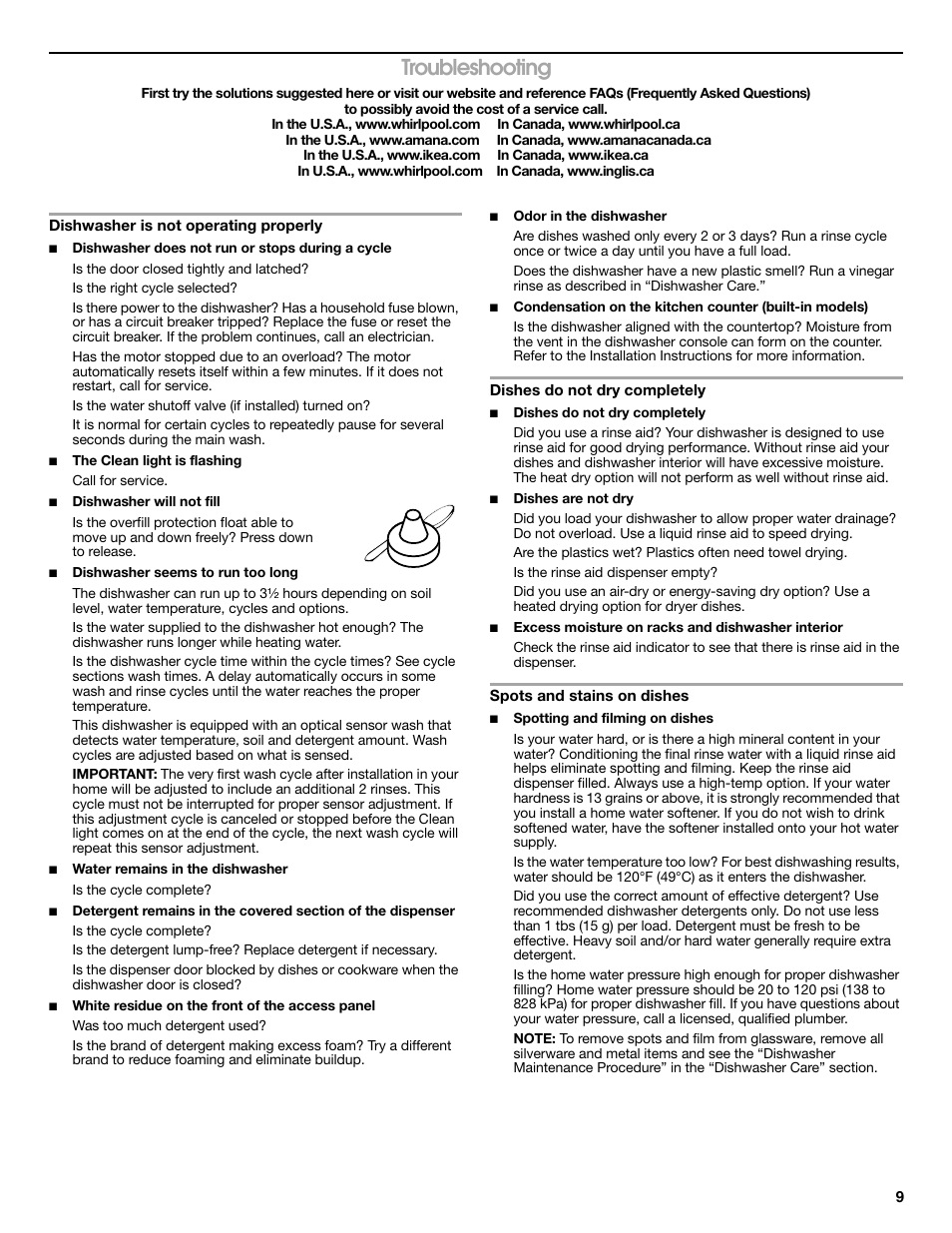 Troubleshooting | Whirlpool WDP350PAAB User Manual | Page 9 / 35