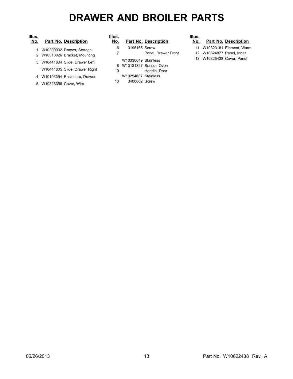 Drawer and broiler parts | Whirlpool WFG720H0AS User Manual | Page 13 / 14