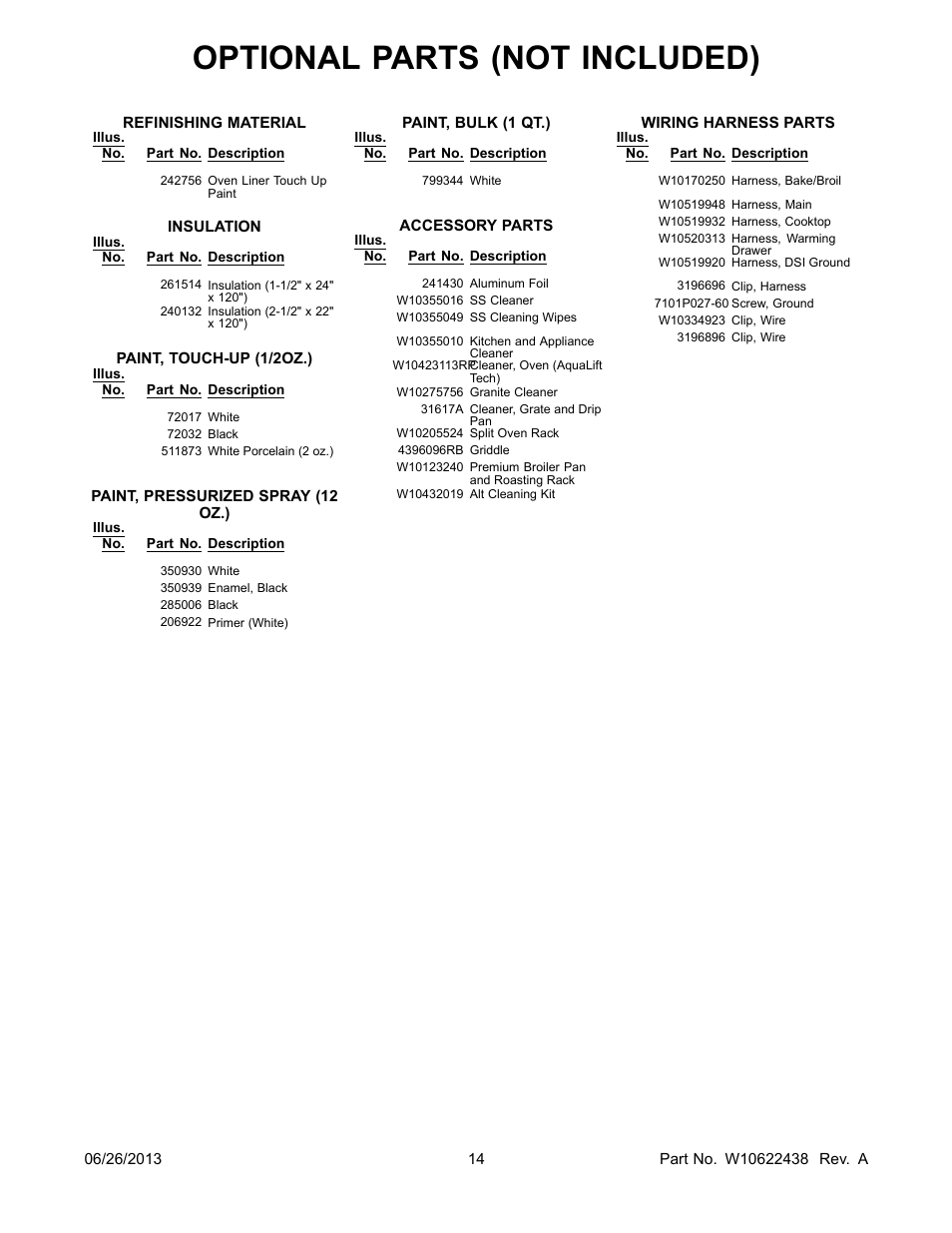 Optional, Optional parts (not included) | Whirlpool WFG720H0AS User Manual | Page 14 / 14