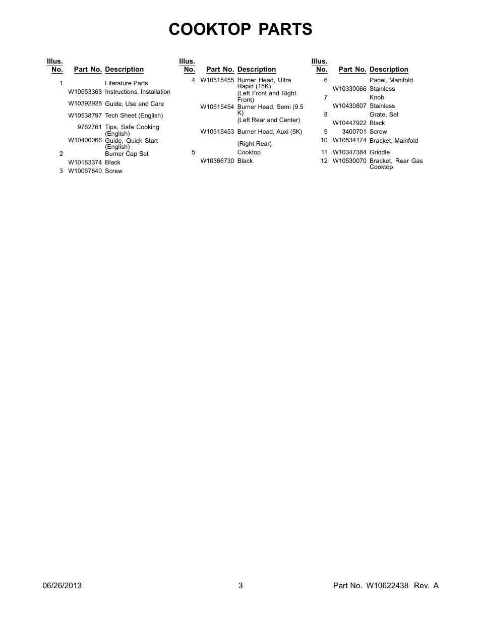 Literature, Cooktop parts | Whirlpool WFG720H0AS User Manual | Page 3 / 14