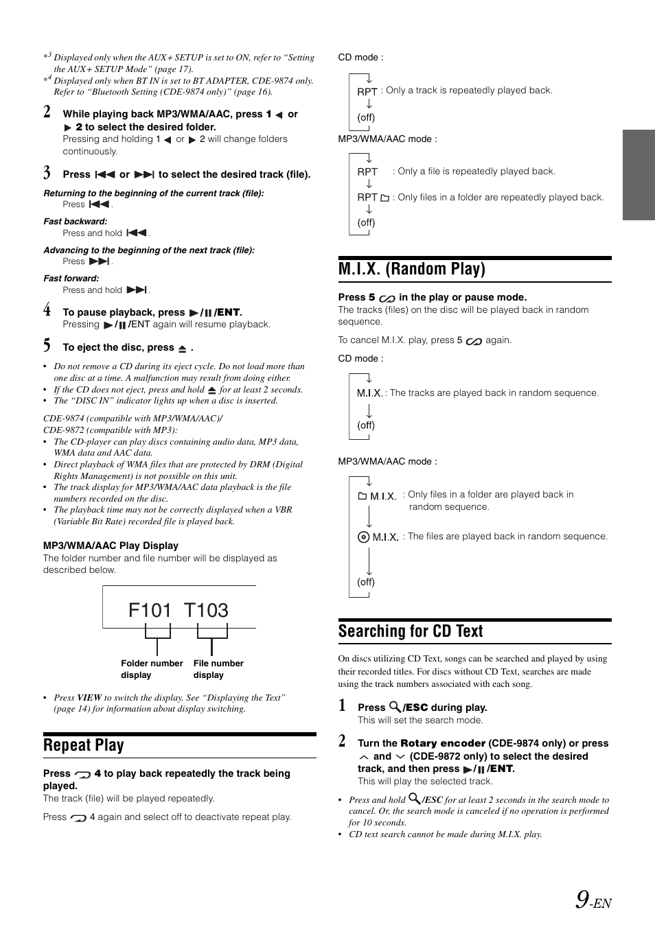 Repeat play, M.i.x. (random play), Searching for cd text | Alpine CDE-9872 User Manual | Page 11 / 89