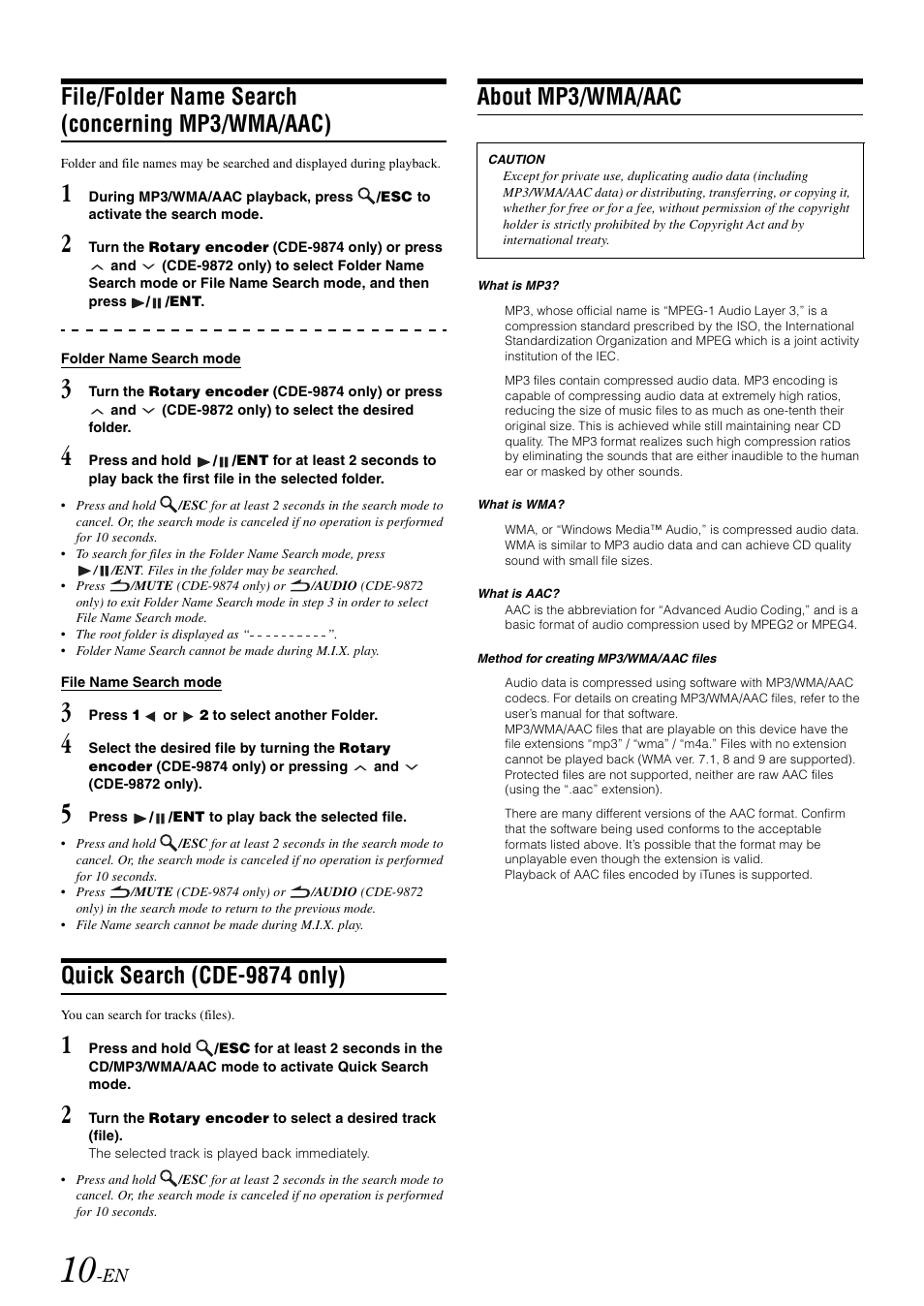 File/folder name search (concerning mp3/wma/aac), Quick search (cde-9874 only), About mp3/wma/aac | File/folder name search, Concerning mp3/wma/aac) | Alpine CDE-9872 User Manual | Page 12 / 89