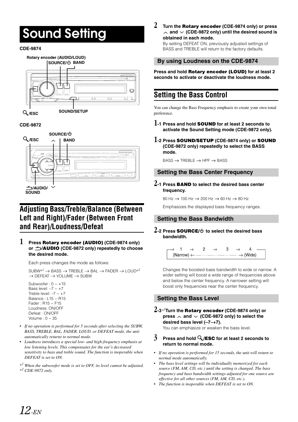 Sound setting, Setting the bass control, Adjusting bass/treble/balance (between left | Alpine CDE-9872 User Manual | Page 14 / 89