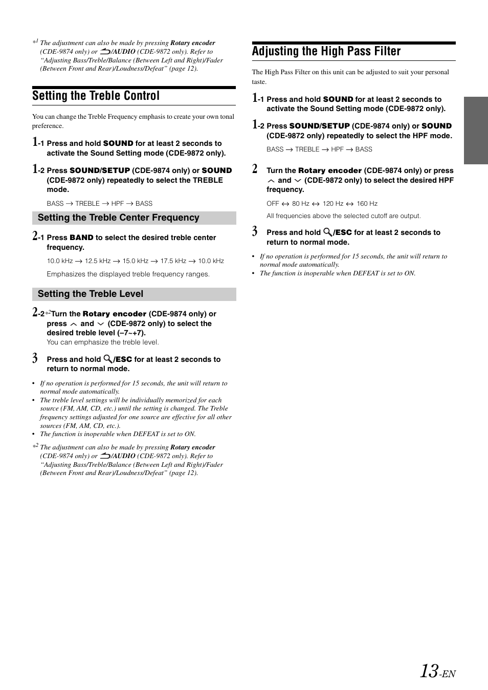 Setting the treble control, Adjusting the high pass filter | Alpine CDE-9872 User Manual | Page 15 / 89