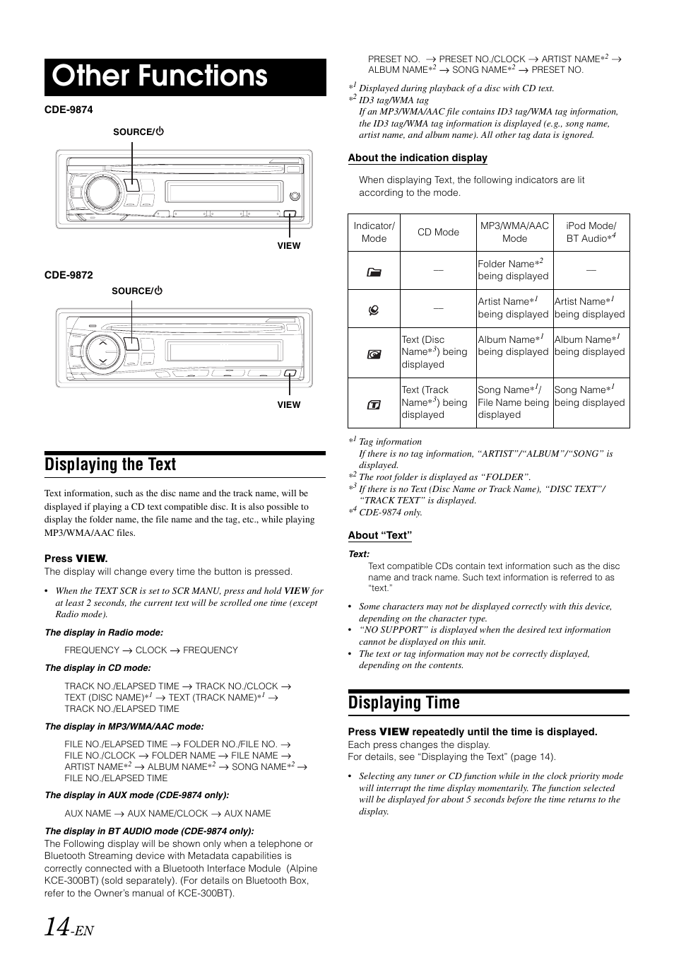 Other functions, Displaying the text, Displaying time | Alpine CDE-9872 User Manual | Page 16 / 89