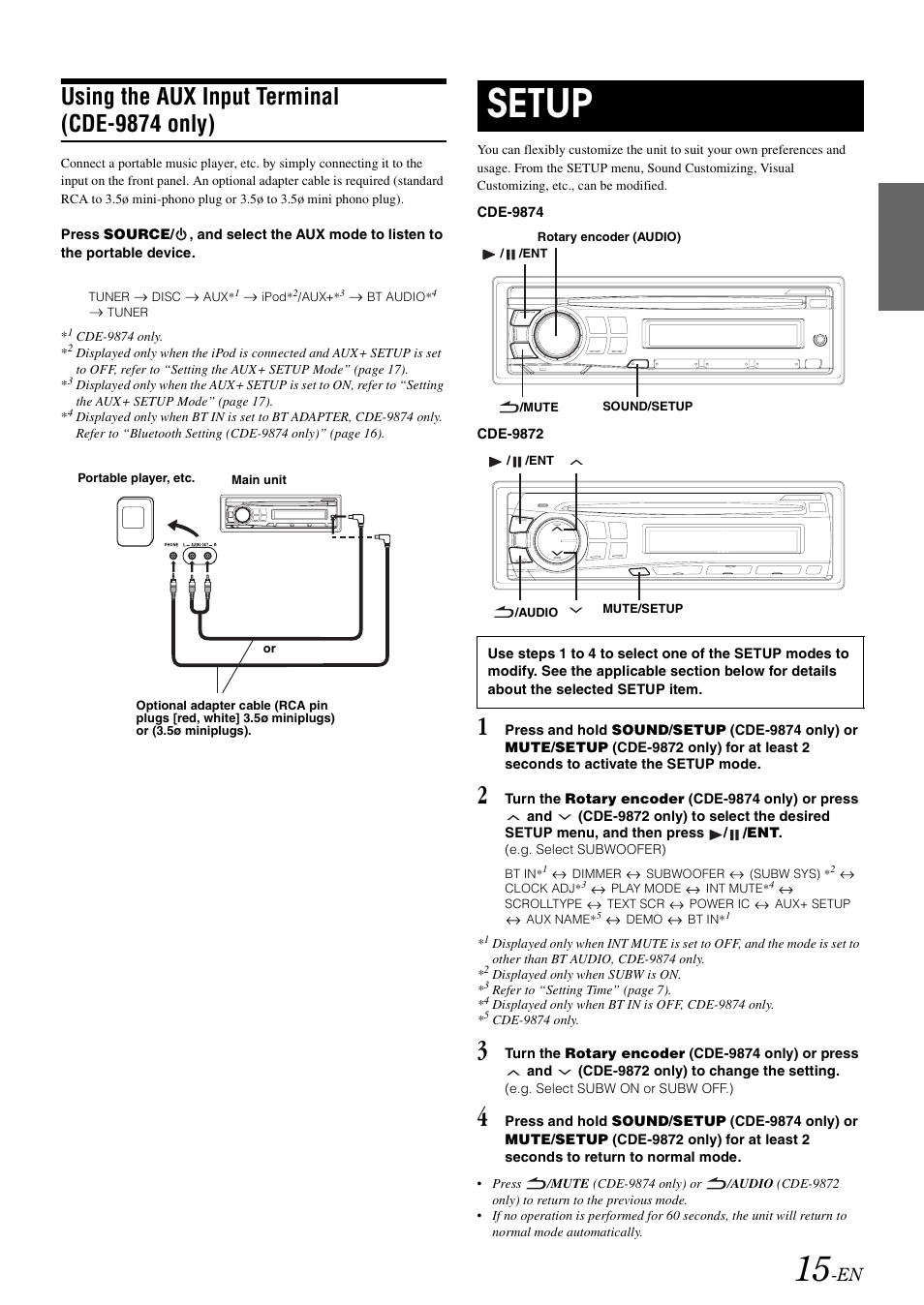 Using the aux input terminal (cde-9874 only), Setup, Using the aux input terminal | Cde-9874 only) | Alpine CDE-9872 User Manual | Page 17 / 89