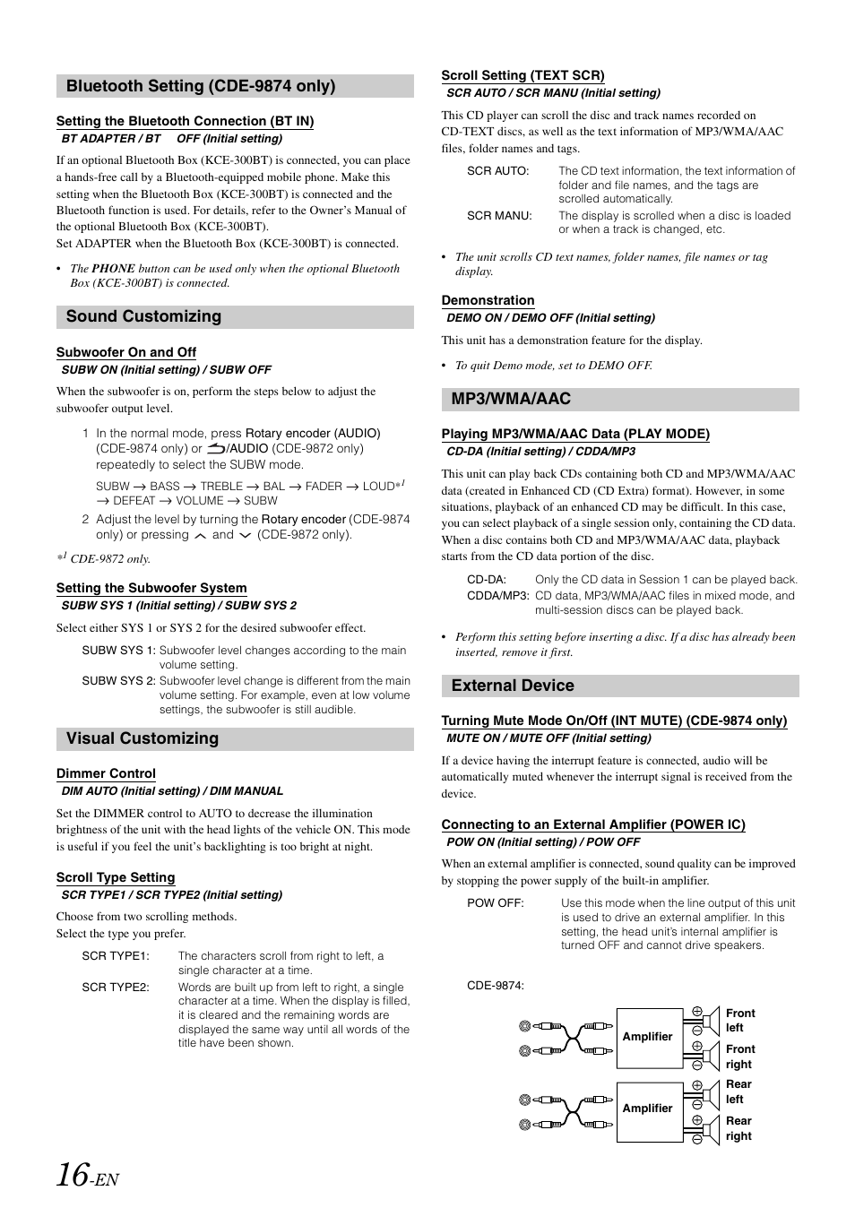 Bluetooth setting (cde-9874 only), Setting the bluetooth connection (bt in), Sound customizing | Subwoofer on and off, Setting the subwoofer system, Visual customizing, Dimmer control, Scroll type setting, Scroll setting (text scr), Demonstration | Alpine CDE-9872 User Manual | Page 18 / 89