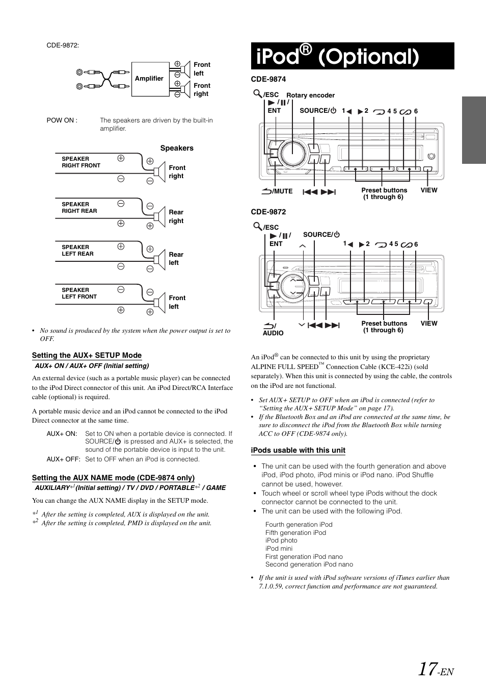 Setting the aux+ setup mode, Setting the aux name mode (cde-9874 only), Ipod® (optional) | Cde-9874 only), Ipod, Optional) | Alpine CDE-9872 User Manual | Page 19 / 89