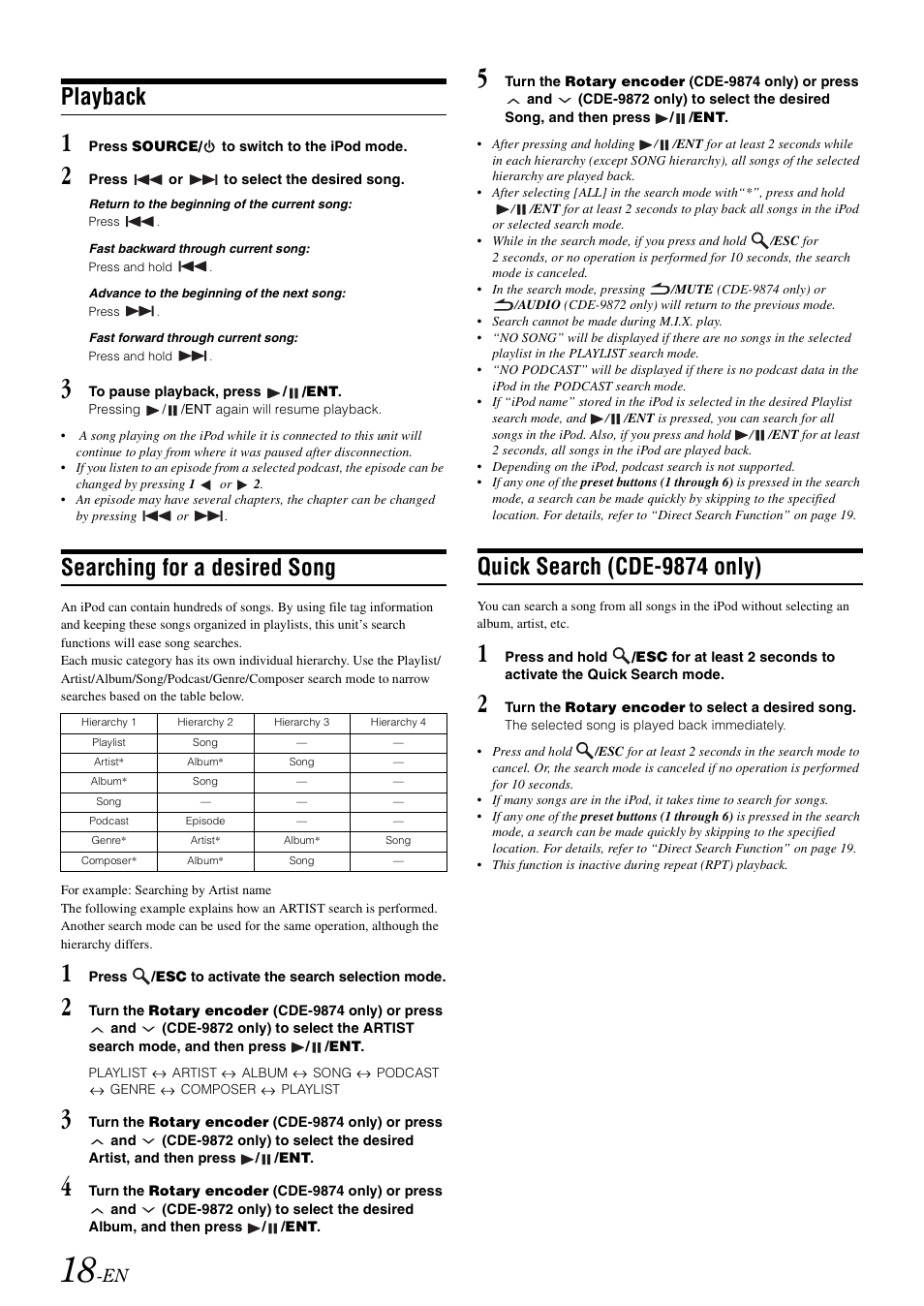 Playback, Searching for a desired song, Quick search (cde-9874 only) | Alpine CDE-9872 User Manual | Page 20 / 89